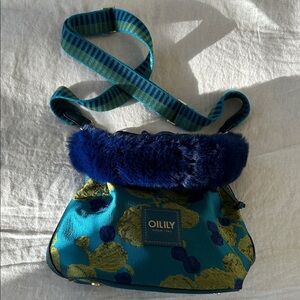 Oilily Teal and Lime Floral Bag with Blue Fur Trim